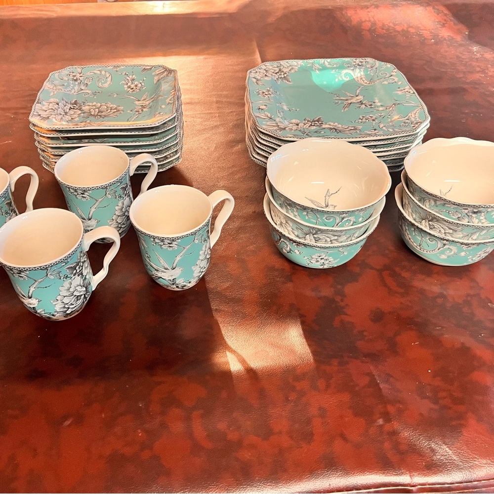 222 Fifth Aqua and White Floral Bird 22 piece Dinnerware Collection